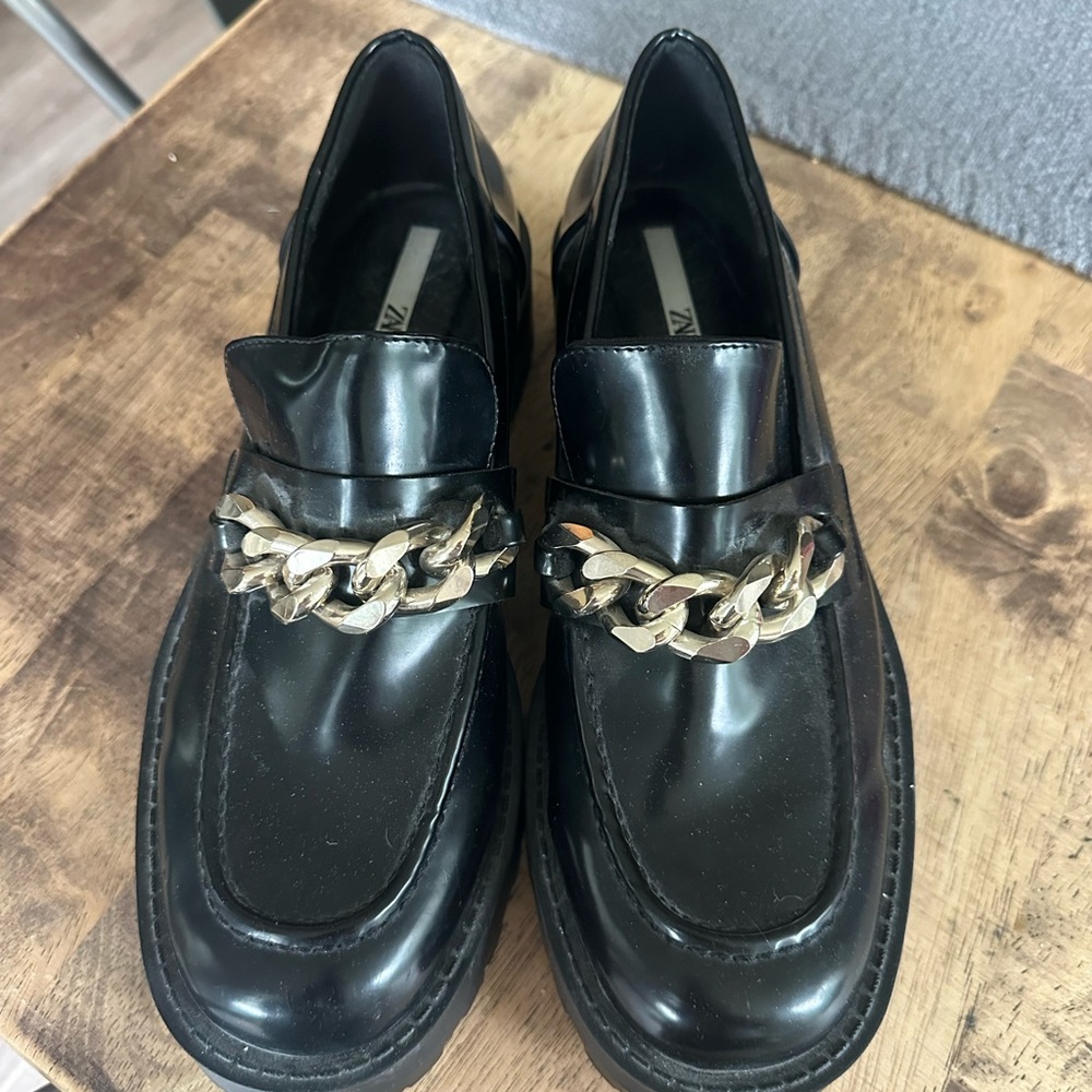 Stylish Zara Black Lug Sole Loafers with Chain Detail